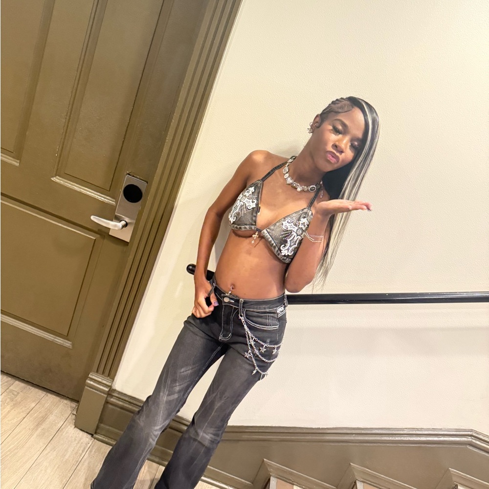 Stylish Black and Silver Embezzled Top Matching Jeans